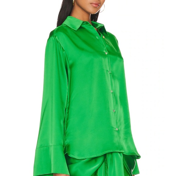 L'Academie Pixie Button Down Shirt Green Satin Size Small